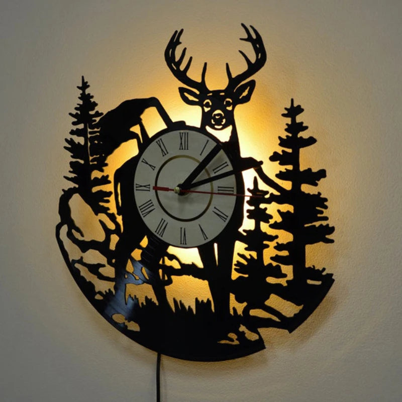 Horloge murale LED en forme de cerf et disque vinyle