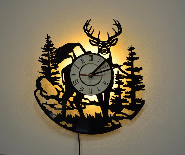 Horloge murale LED en forme de cerf et disque vinyle