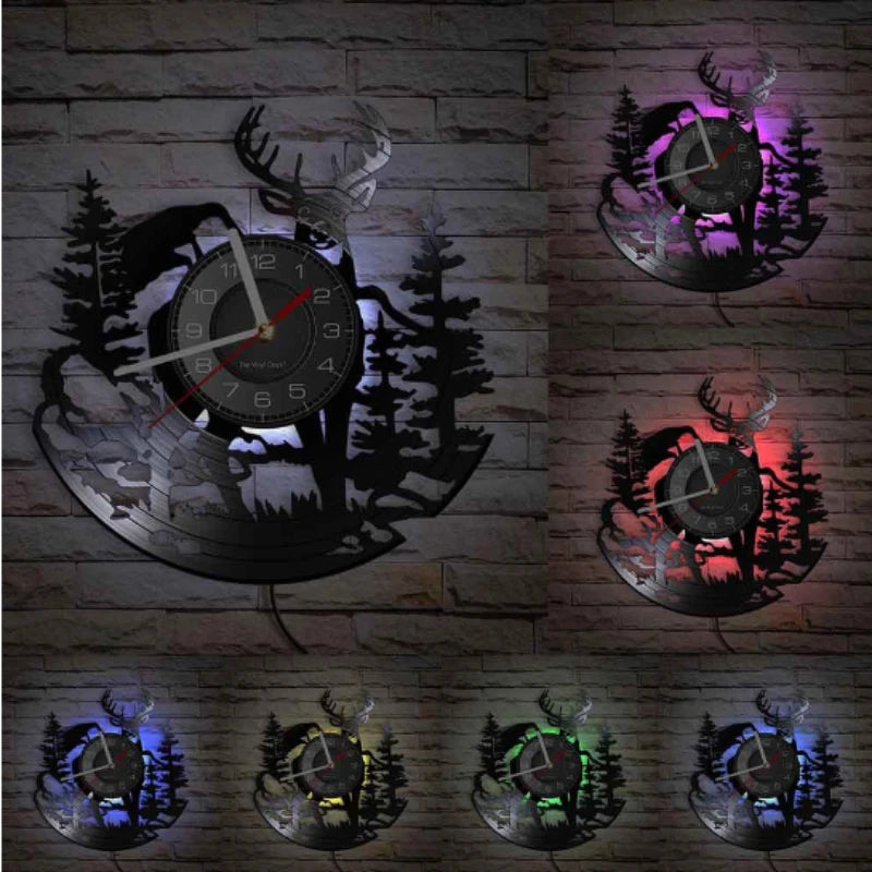 Horloge murale LED en forme de cerf et disque vinyle